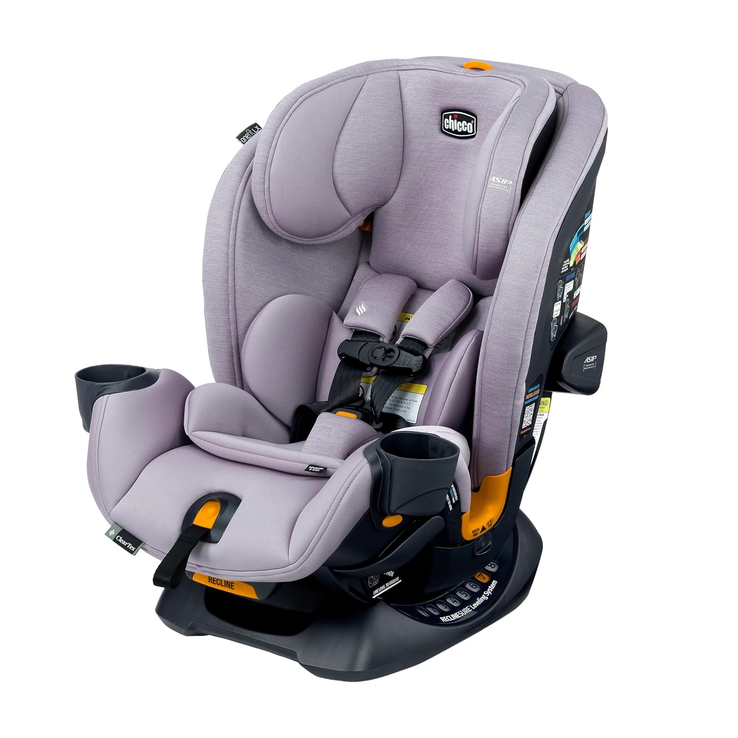 Chicco OneFit LX All-in-One Convertible Booster Car Seat, 5-100 lbs | Lupine/Purple, flame retardant-free ClearTex, GREENGUARD Gold, LeverLock install, slim toddler car seat, ASIP