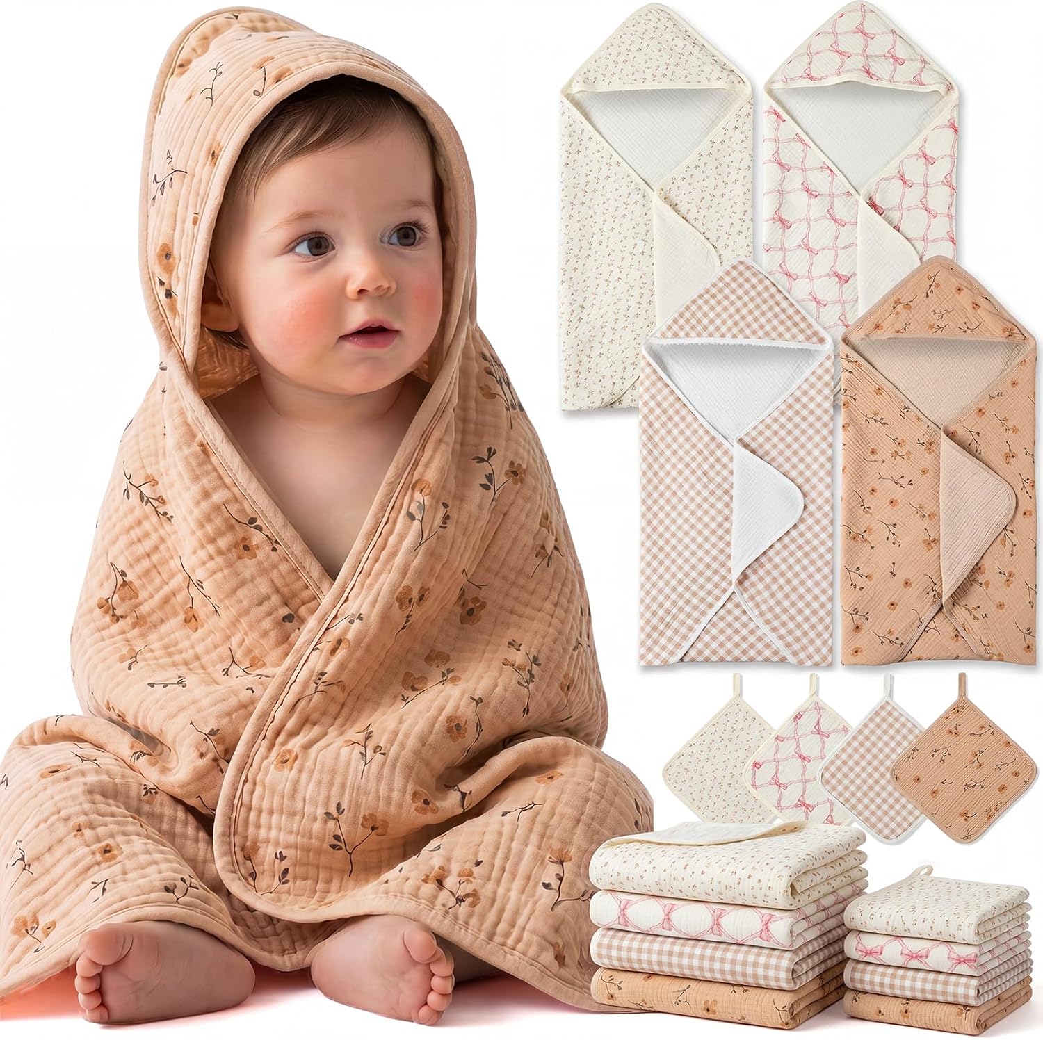 Frienda 8 Packs Organic Cotton Muslin Baby Hooded Towels Set, 32 Inches Baby Bath Towels with Hood & 10 Inches Washcloths, Soft Absorbent Newborn Towel Set for Boys & Girls, Babies Registry Gift