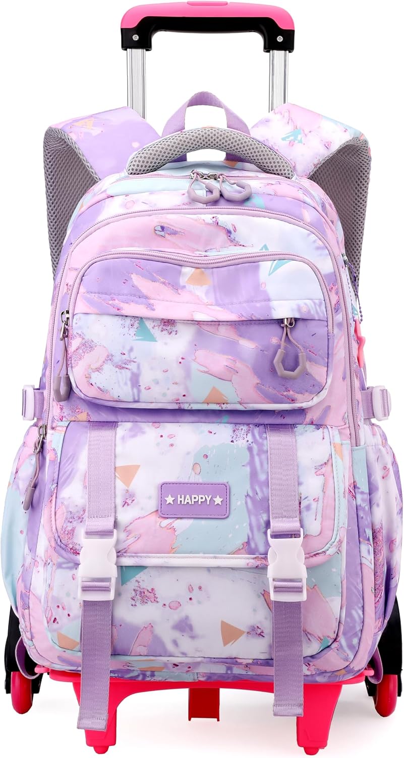 Kids Rolling Backpack for Girls School Bag with Wheels, 6 Wheels Purple | Large Capacity, Wheeled Bookbags, Trolley Bags for Primary School Students