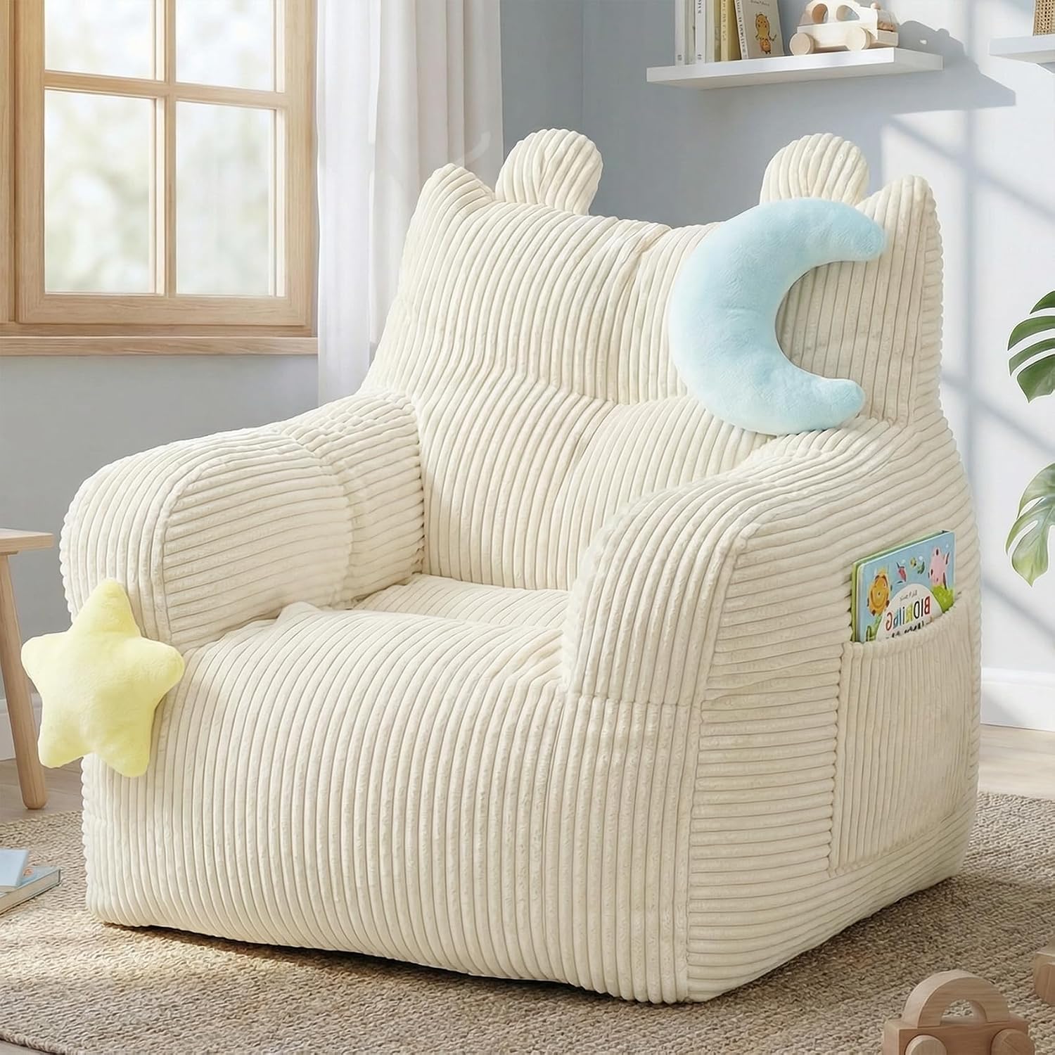little dove Bean Bag Chairs for Kids, Comfy Bean Bag Chair with 2 Plush Toys, Toddler Chair with Pocket, Stuffed Lazy Sofa with Filler for Boys and Girls, Kids Chairs for Gaming, Reading, Beige