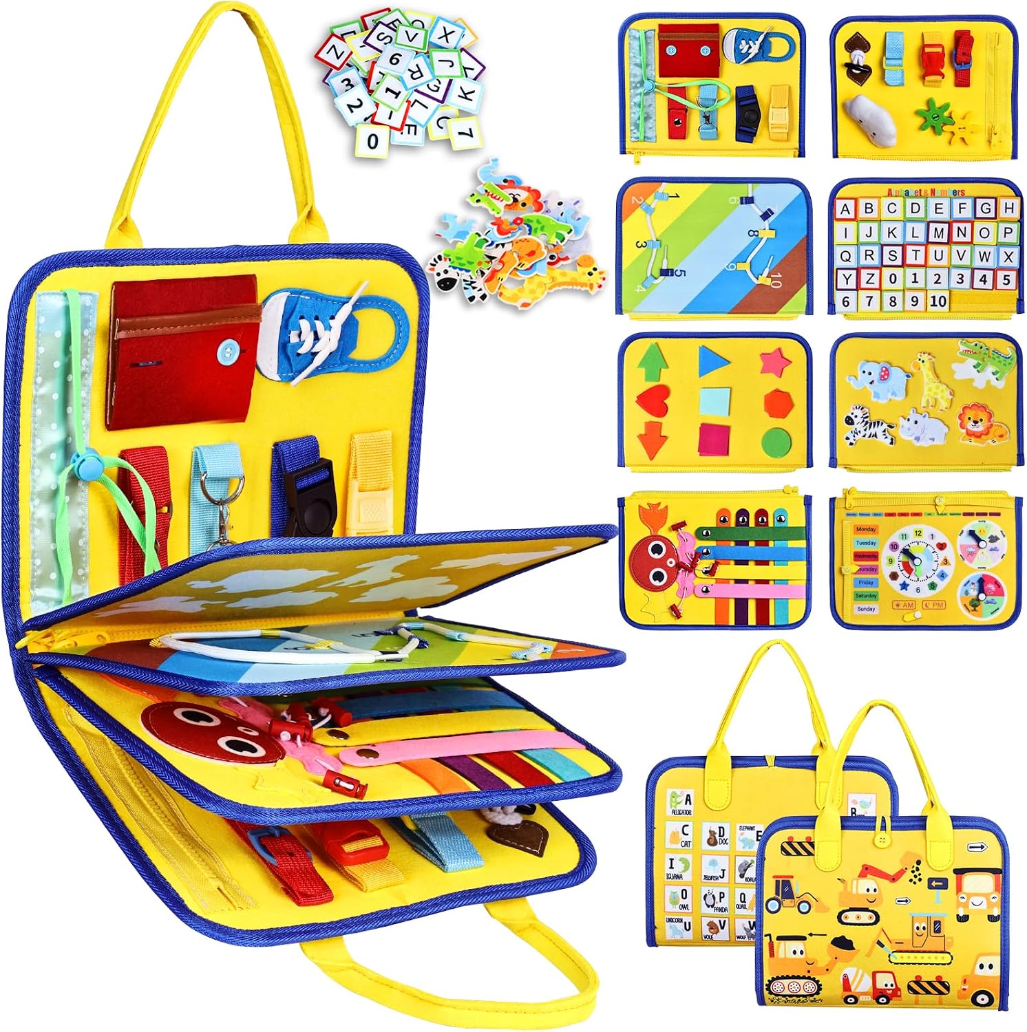 Esjay Busy Board Montessori Toys for Boys Girls, Sensory Book Educational Activities for Learning Fine Motor Skills, Birthday Gifts, Travel Toys for Airplane Car,Yellow Multipages