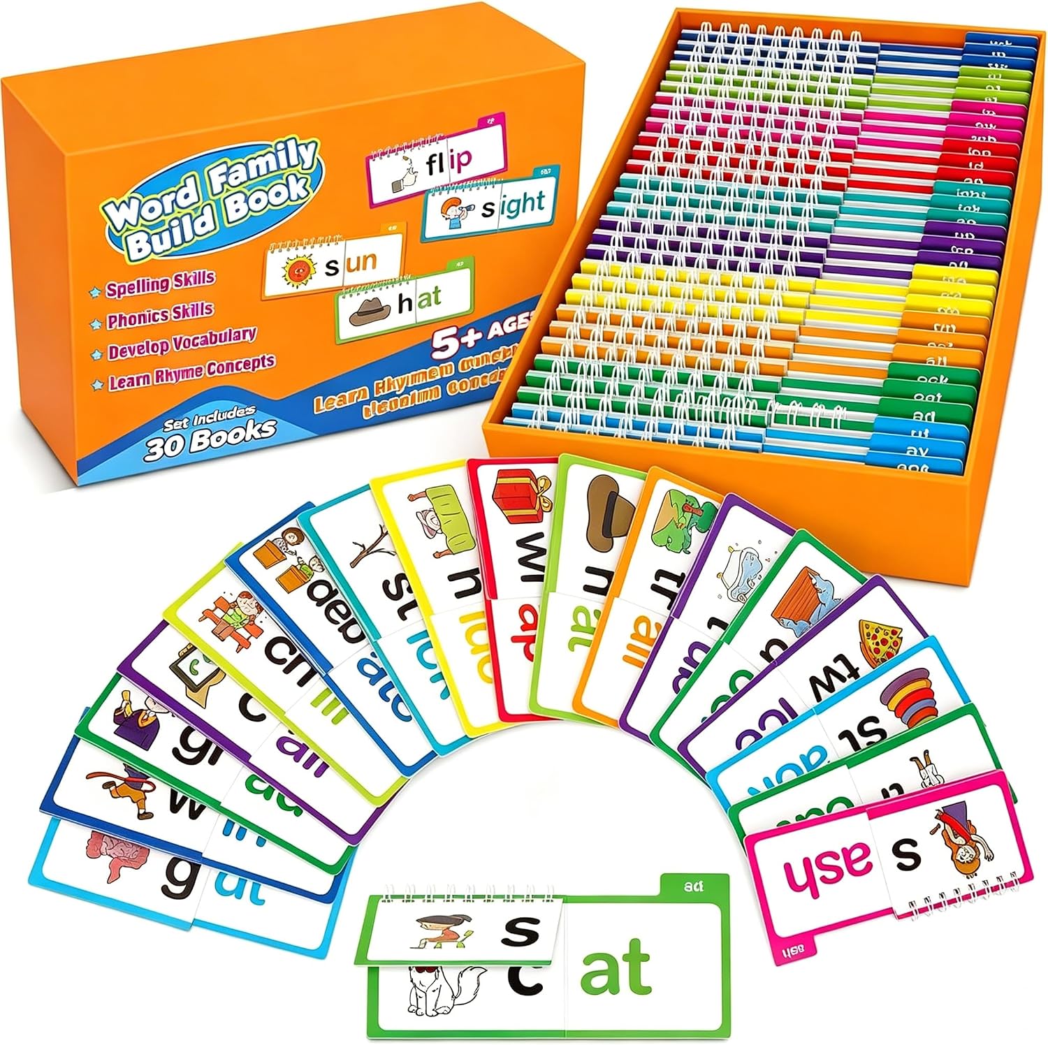 Phonics Word Family Flip Books, 30 Word Families for Kids Learning to Read | 30 phonics books with picture supported word family practice for blending, spelling, rhyming, and early reading