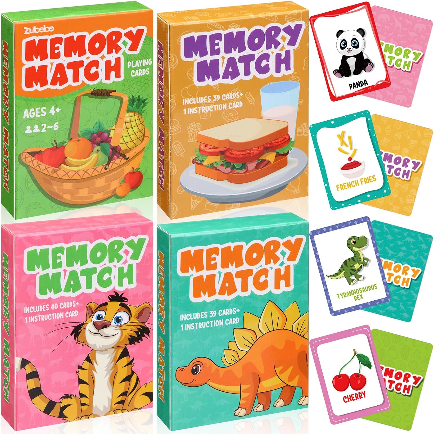 Zubebe 4 Sets Memory Matching Card Game Ages 4+, Family Party Game,Style 1 | Learning Toy with Animal Dinosaur Food Themes, Ideal for Family Night Classroom Prizes Party Favors, Builds Memory Skills