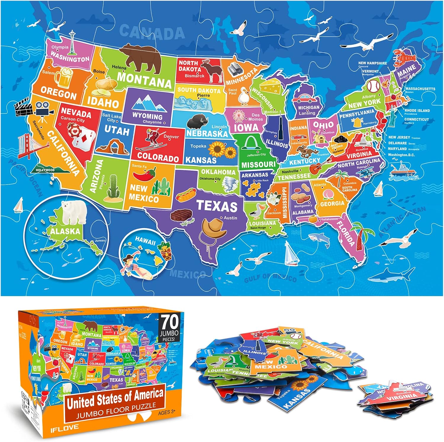 Jumbo Floor Puzzle for Kids,70-Piece USA Map Jigsaw Puzzle Ages 3-8 | 50 States with Capitals,Extra-thick Cardboard,Preschool Learning Toy,35×24 in Completed,Geography Gift for Boys and Girls