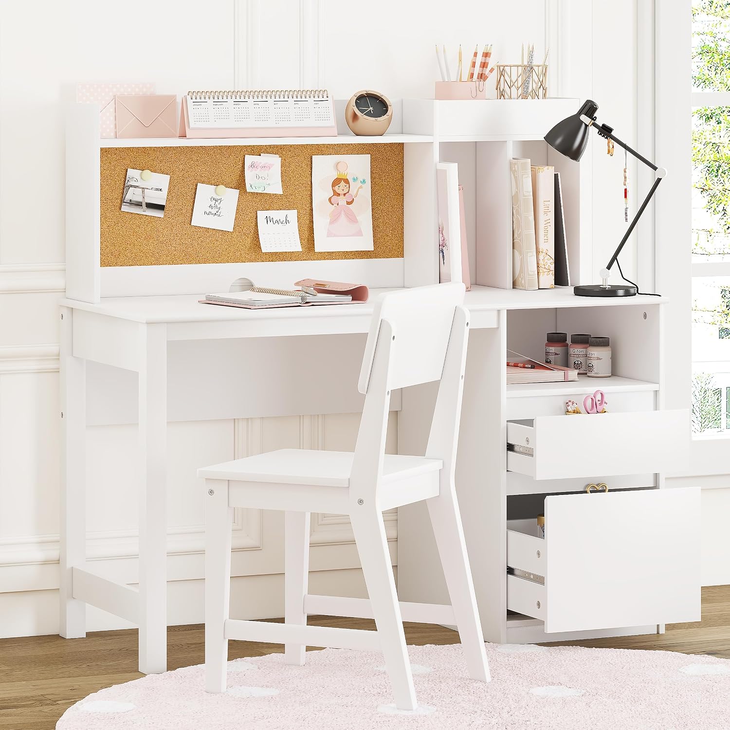 Spirich Wooden Kids Study Desk Set with Hutch and Storage for Ages 5-12 | Kids Desk and Chair Set with Cork Bulletin Board, Multi-Zone Storage, Water-based Paint Finish for Kids Room, Study Room