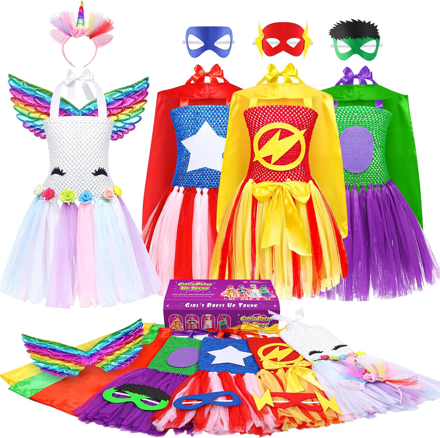 DOLNOW Girls Dress up Trunk Girl Pretend Play Costumes,12pcs Role Play Set | with Supergirl Hero Costumes for Toddler Little Girl’s Ages 3 4 5 6 Years