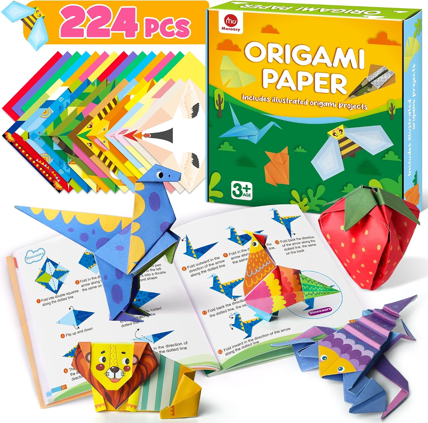 Mocoosy 224 Sheets Origami Paper Kit for Kids Ages 5-8 8-12, Folding Paper Set with Origami Book for Beginners, Art Craft Supplies for Boys Girls 9-12, Travel Game Car Road Trip Activities Toy Gifts