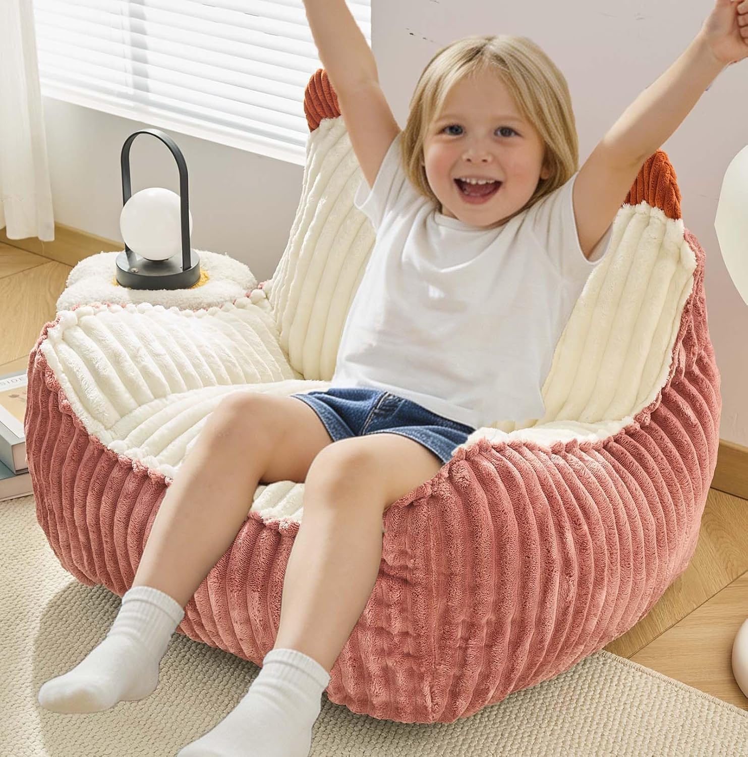 Kisoy Bean Bag Chair, Bean Bag Sofa with Memory Foam Filler for Boys and Girls Soft Faux Fur Fabric Floor Chair for Gaming, Reading Relaxing,Pink