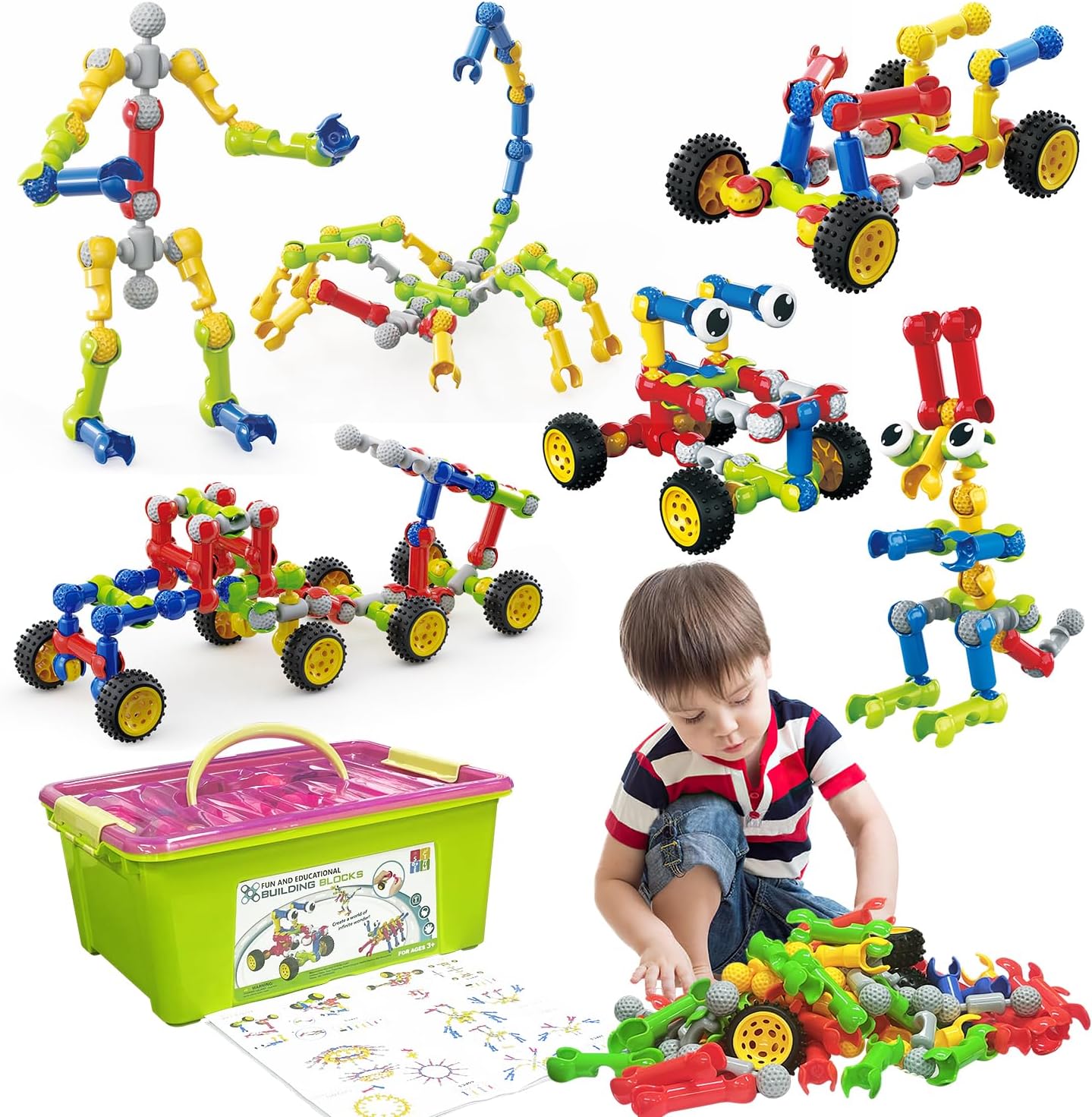 Huaker STEM Building Toys for 3 4 5 6 7 8 Year Old Boys Girls Birthday Gift | 180 Pcs STEM Activity Kit & Toy for Kids Ages 3-8 with Portable Storage Box, Perfect for Preschool, Homeschool, and Classroom