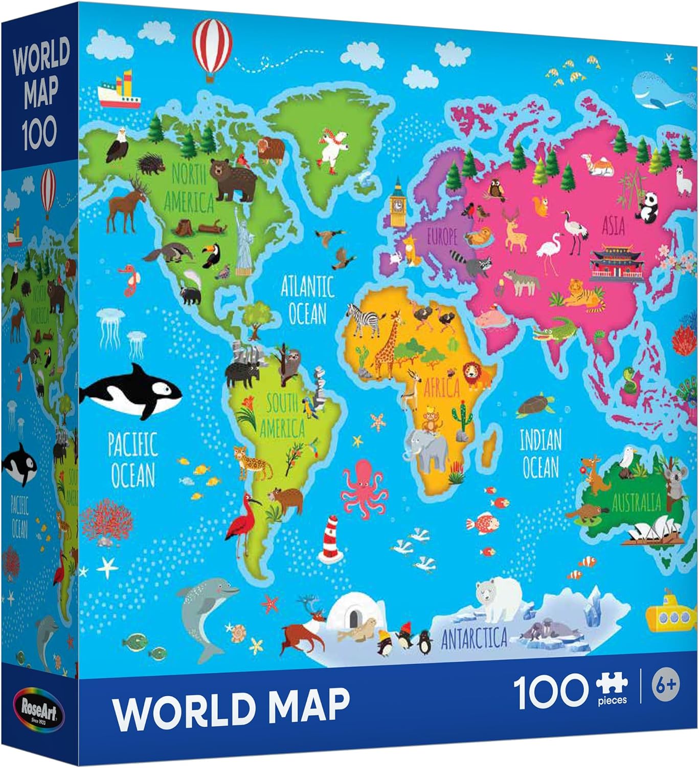RoseArt Map of The World Puzzle for Kids – 100 Piece Jigsaw Puzzle, 18″ x 24″ – Educational, Colorful World Map with Animals, Oceans – Made in USA – Learning Toy for Ages 6+