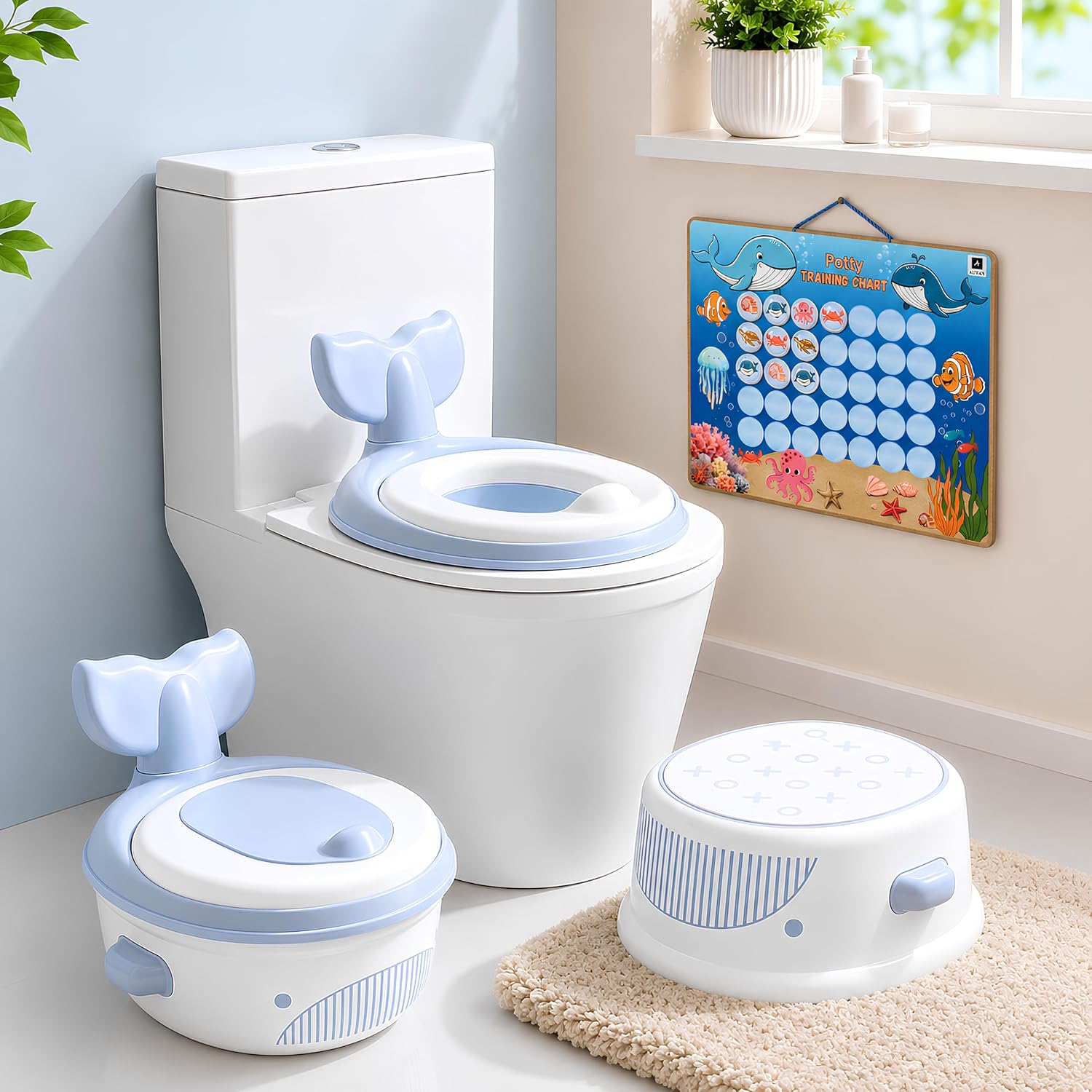 Auvan® 3‑in‑1 Toddler Potty Training Toilet, Potty Training Seat, and Non-Slip Step Stool. Includes Training kit to Motivate Learning with Reward Chart. Baby Toilet Trainer for Boys and Girls.