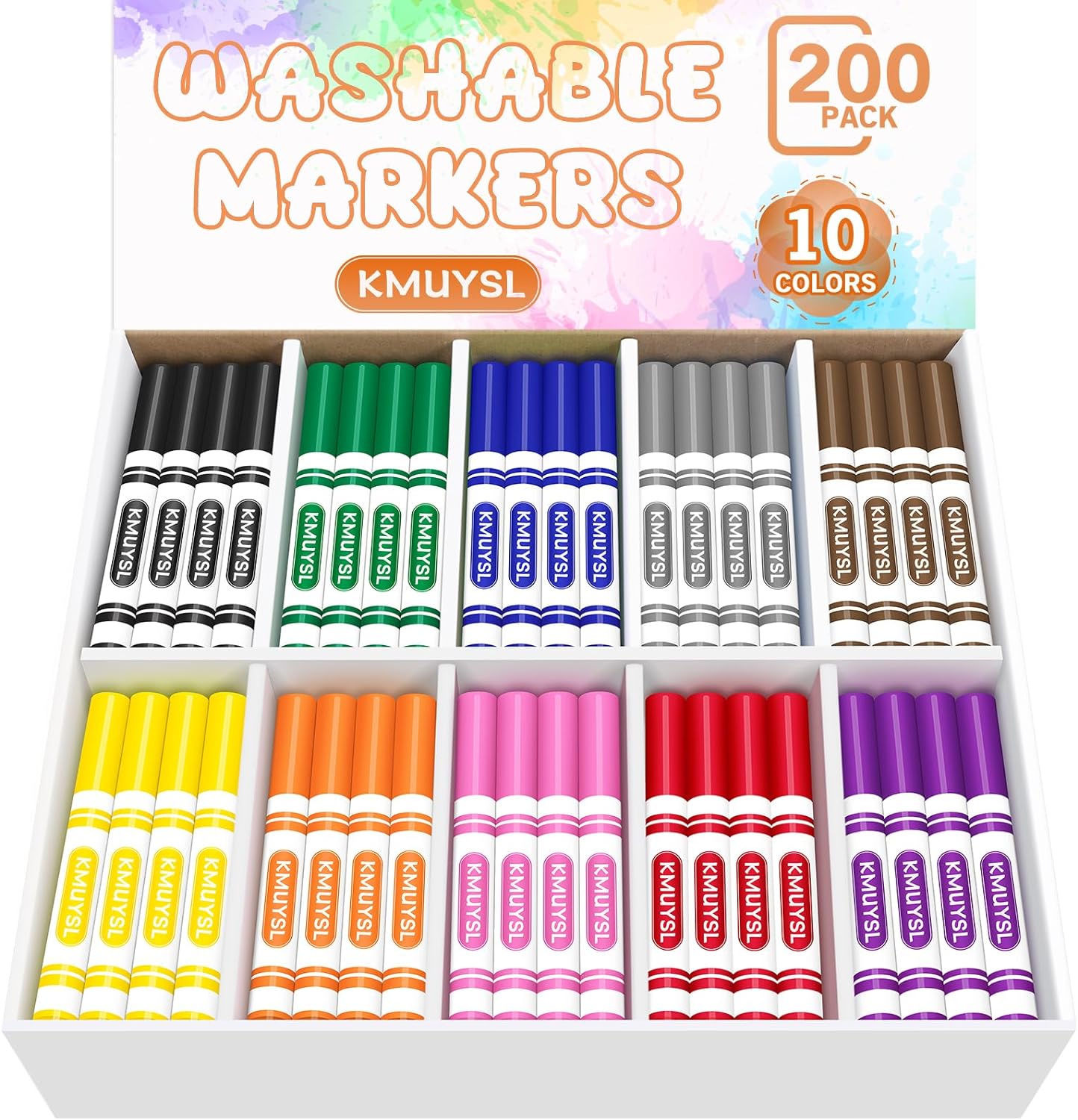 KMUYSL Washable Markers Bulk, 10 Assorted Colors, 200 Count | Broad Line Conical Tip Coloring Markers for Kids, School Art Supplies & Back to School Supplies, Teacher Classroom Must Haves