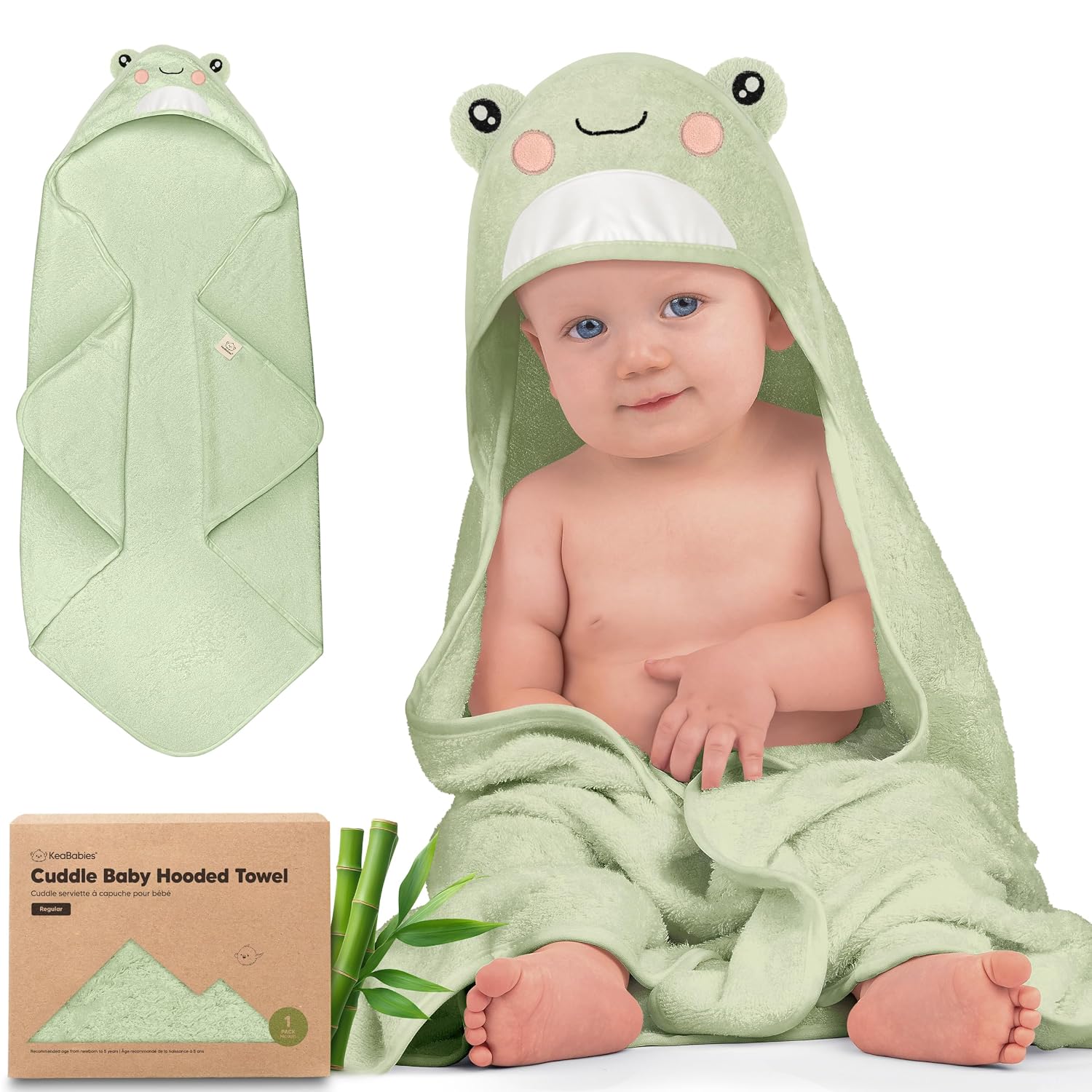 KeaBabies Hooded Baby Towel for Newborn, Baby Bath Towels (Frog, Regular) | Viscose Derived from Bamboo, Large Baby Towels with Hood, Boys, Girls, Toddler, Soft Absorbent Baby Bath Essentials