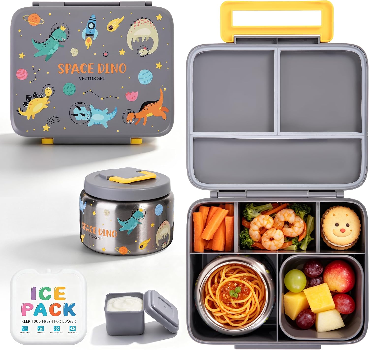 Kids Bento Lunch Box with 8oz Thermo, Ice Pack & Dividers for School | Food Container 5 Compartments,Insulated Food Jar,Keep Warm&Cold,Removable Dividers,Leak-Resistant,BPA-Free,Easy to Clean