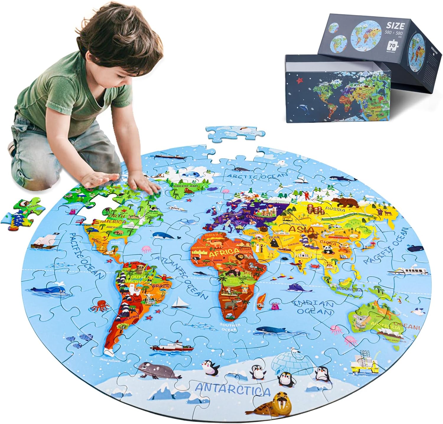DIGOBAY World Map Jigsaw Puzzle for Kids 4-8, 70 Piece Large Round Floor Puzzles for Kids Ages Toddler Puzzle Globe Geography Games Educational Toys Birthday for Children | Large Round Big Kids Toddler Puzzle Globe Geography Games Educational Puzzles Toys Birthday Gifts for Children Ages 8-10