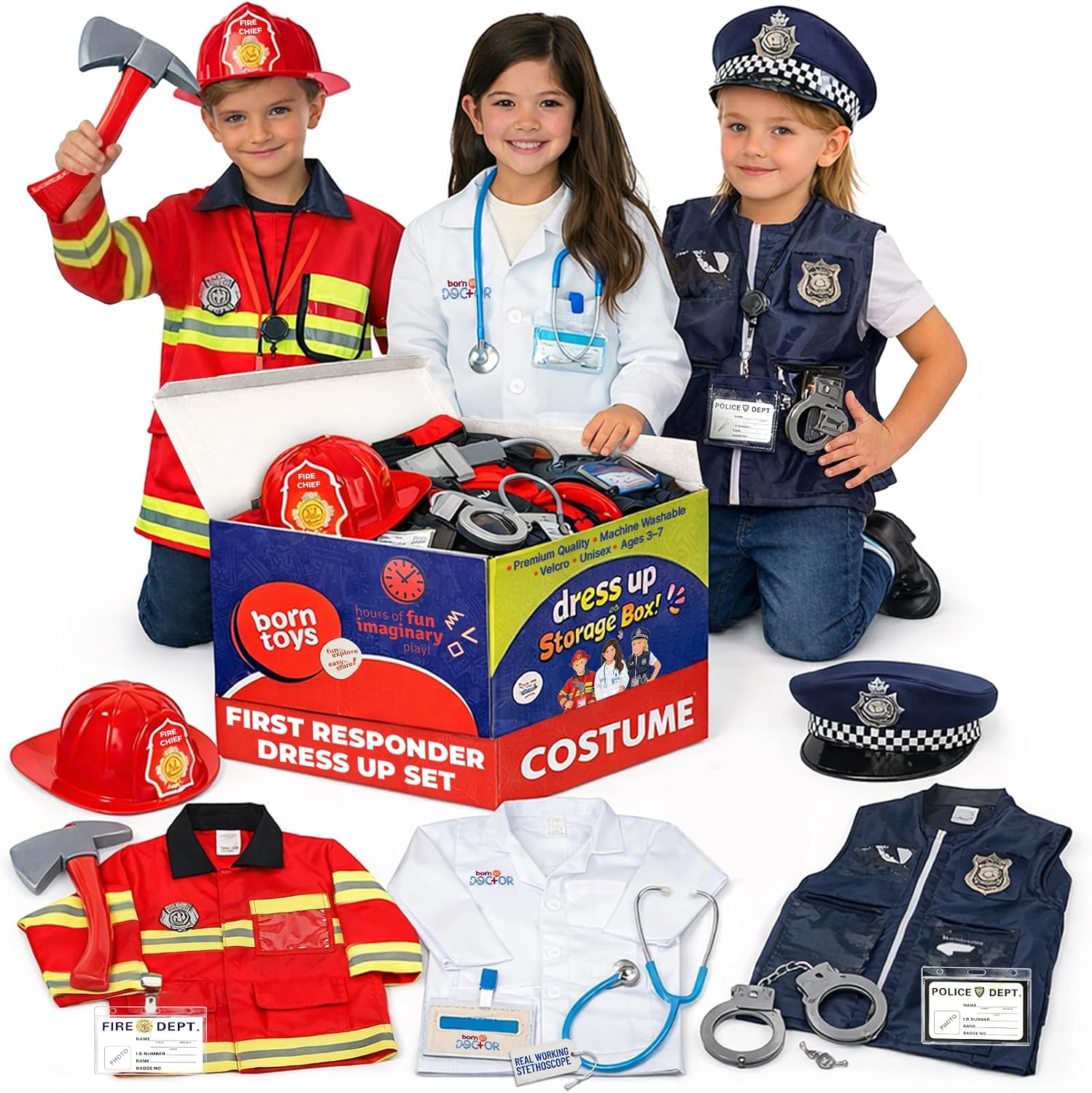 3-in-1 Kids Dress Up Clothes, Police, Firefighter, Doctor, 3+ | Machine-washable pretend-play toddler costume set with toy accessories, gift-ready career day outfit for boys & girls