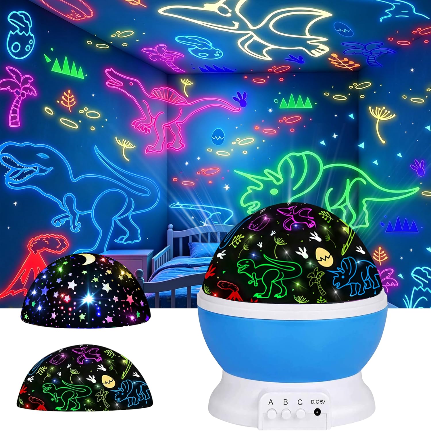 Night Light for Kids, 2-in-1 Dinosaur & Starry Sky Kids Night Projector, 360° Rotating Silent Star Night Light with USB Cable, Toddler Room Decor, Birthday Gift for 3 4 5 6 7 8 Year Old Girls Boys