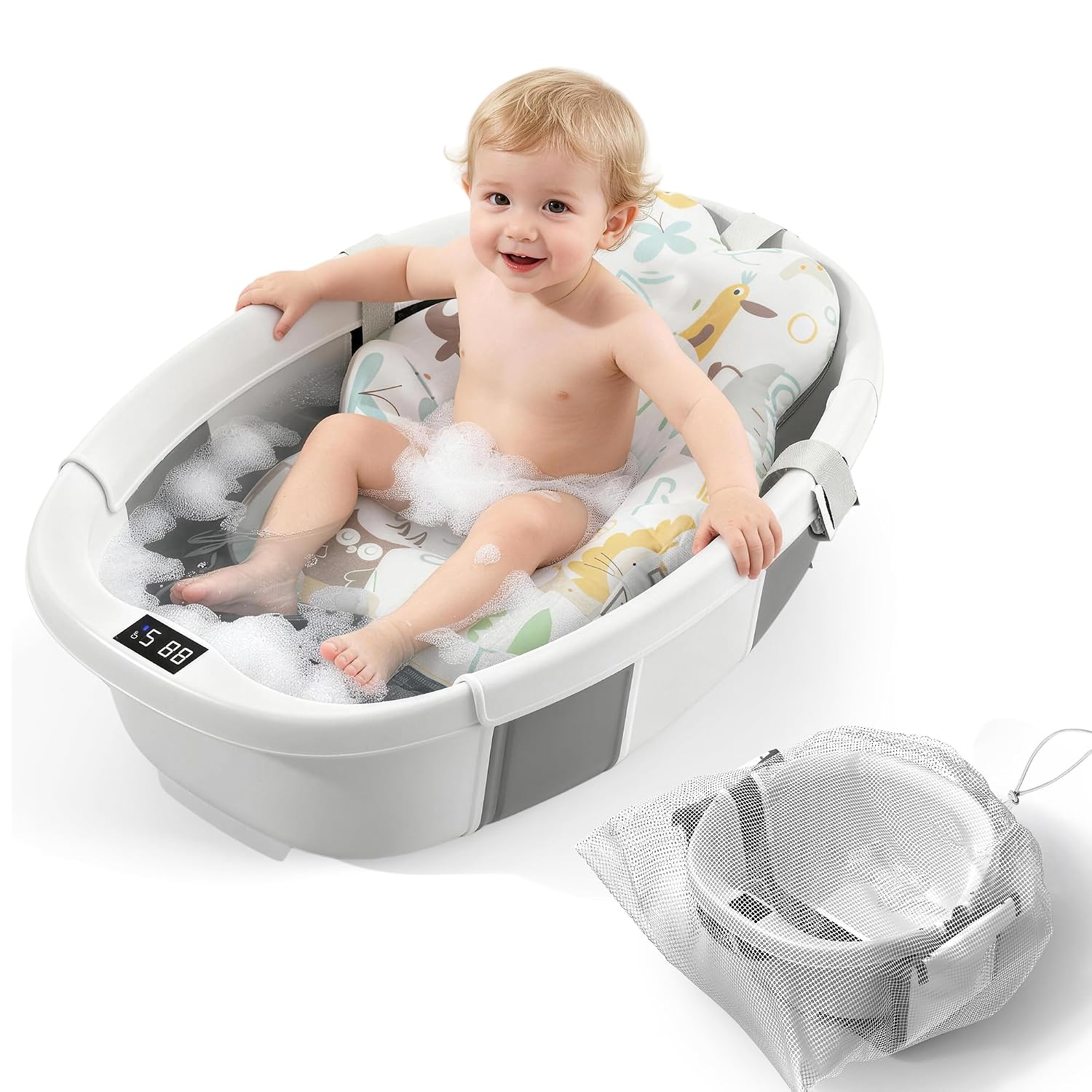 TOSGN Collapsible Baby Bathtub, 3s to Install, Baby Bath Tub with Soft Cushion & Thermometer, 0-36 Months Newborn Bathtub, Portable Travel Baby Tub, Grey