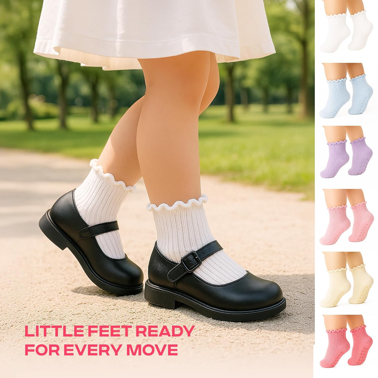 CoolMate Toddler Girl Socks, 6 Pairs Non-Slip Grip Ruffle Ankle Socks, Baby | Anti-Skid Grippers, Soft Combed Cotton, 6–36 Months, 1T–5T