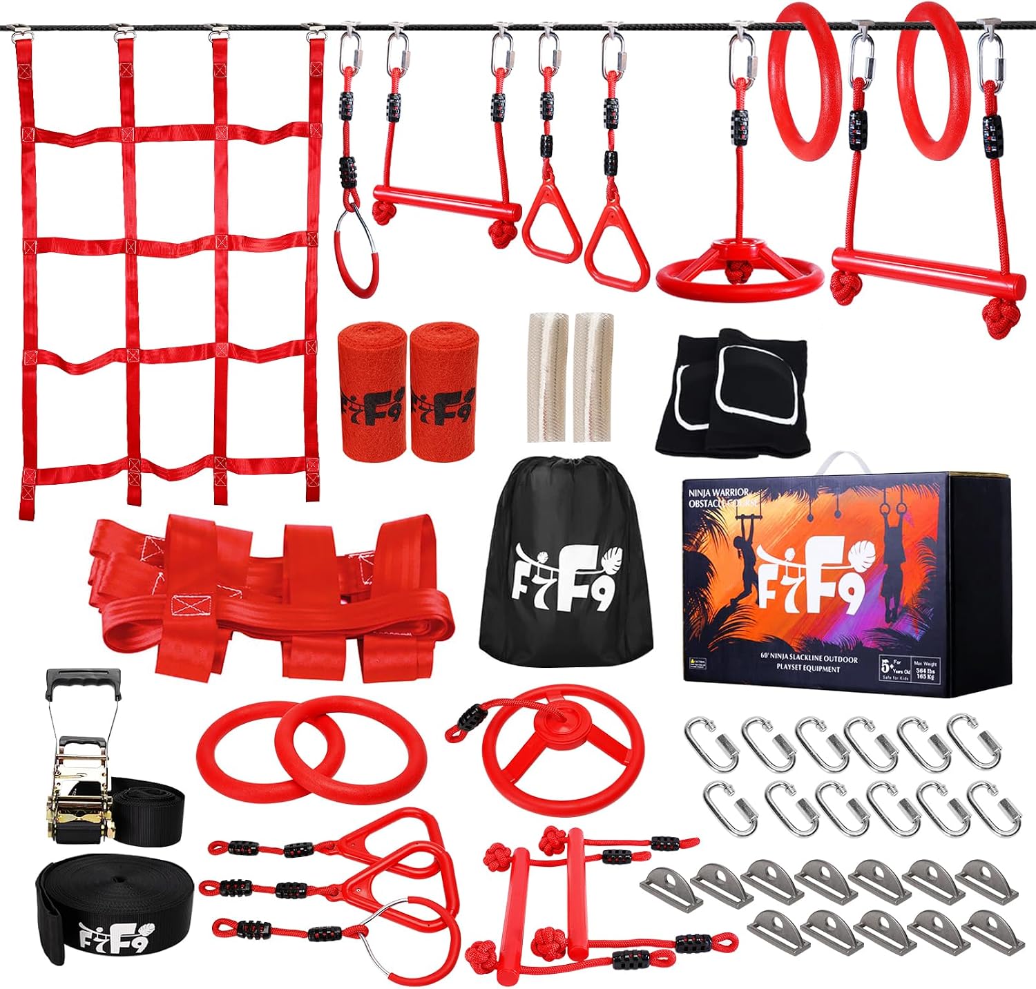 60FT Ninja Warrior Obstacle Course for Kids – Slackine Playset with Monkey Bars, 364lbs Capacity, Adjustable Height, Indoor/Outdoor Backyard Training Equipment,Birthday Gift fo Boys Girls Ages 5-12