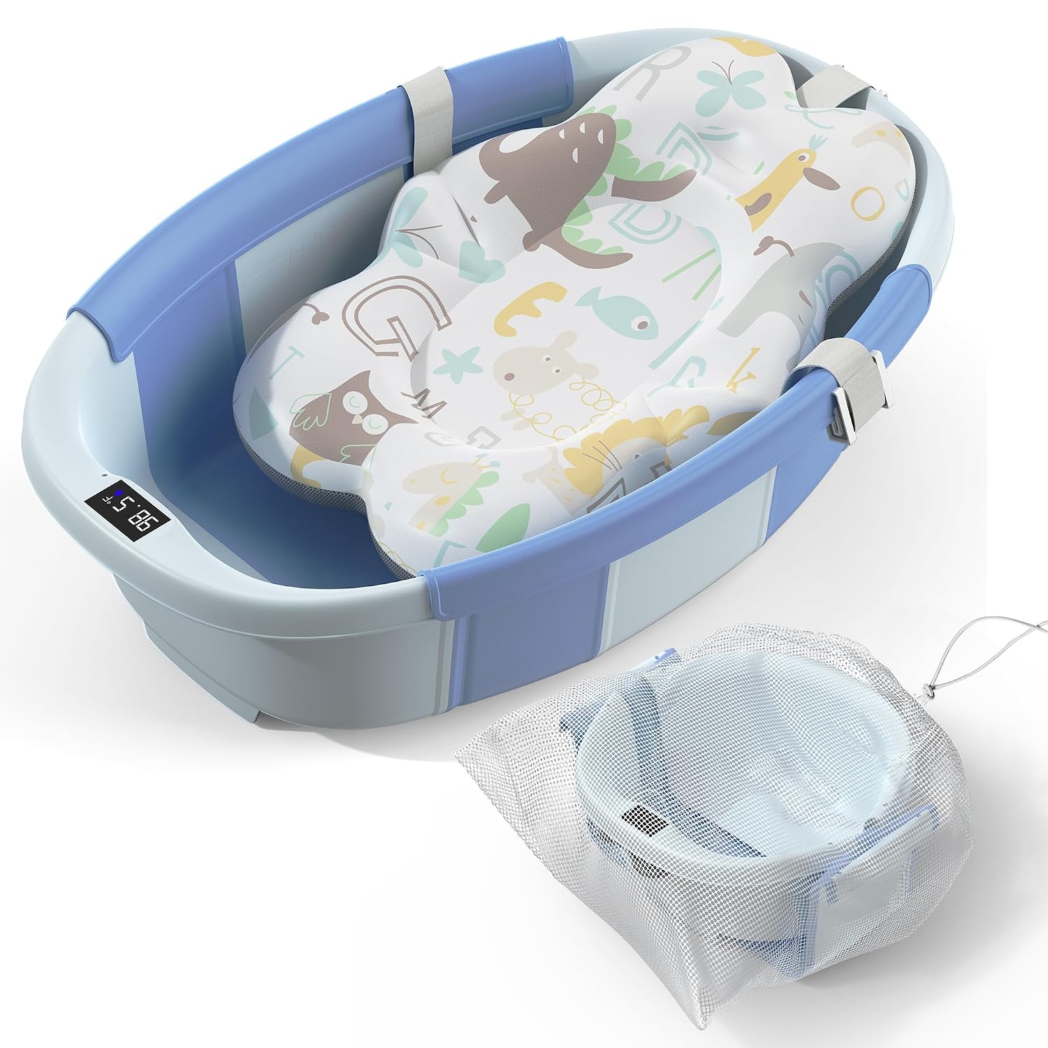 Collapsible Baby Bathtub – Large Baby Bath Tub with Thermometer & Cushion | Travel Portable Newborn Infant Bathtub | Foldable Toddler Bathtub for Baby 0 to 36 Months (Blue)