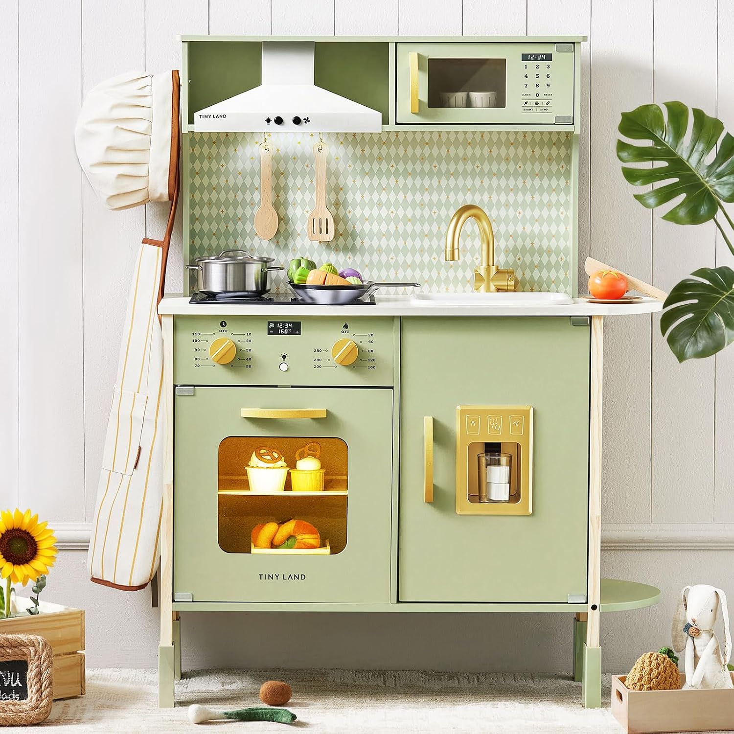 Tiny Land Play Kitchen for Kids – Real Lights, Sounds & Adjustable Height | Farmhouse-Style Wooden Chef Pretend Play Set, 18 Pcs Toy Food & Cookware Accessories, Gift for Boys Girls Ages 3+, Sage Green