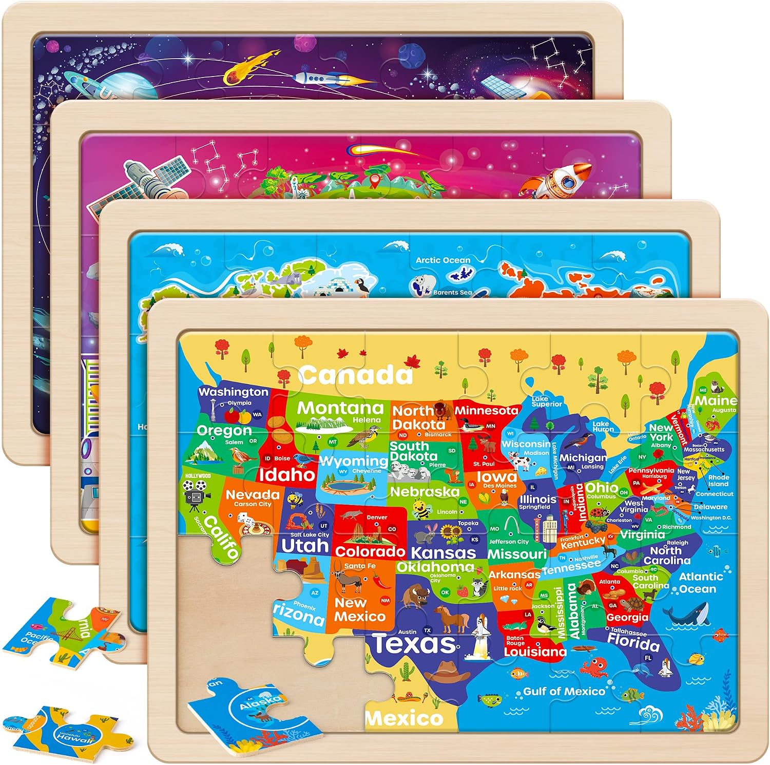 SYNARRY Large USA Map, World Map & Solar System Wooden Puzzles Ages 4-6 | Puzzles for Kids Ages 3-5, Birthday Gifts for Boys & Girls, Educational Geography & STEM Toys, Screen-Free Play