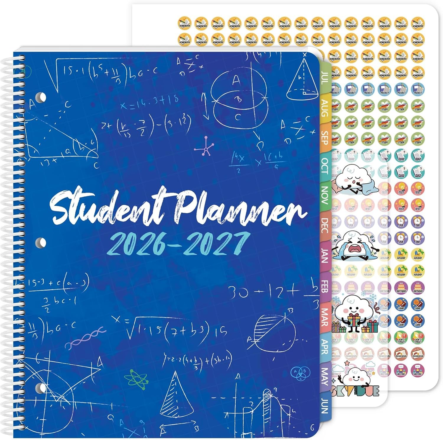 SKYDUE Student Planner 2026-2027 with 3-Hole Punch – Middle School Academic Monthly & Weekly Planner, Spiral Bound, Tabbed Months, Study Reference Pages, Pocket & Stickers Included, Blue