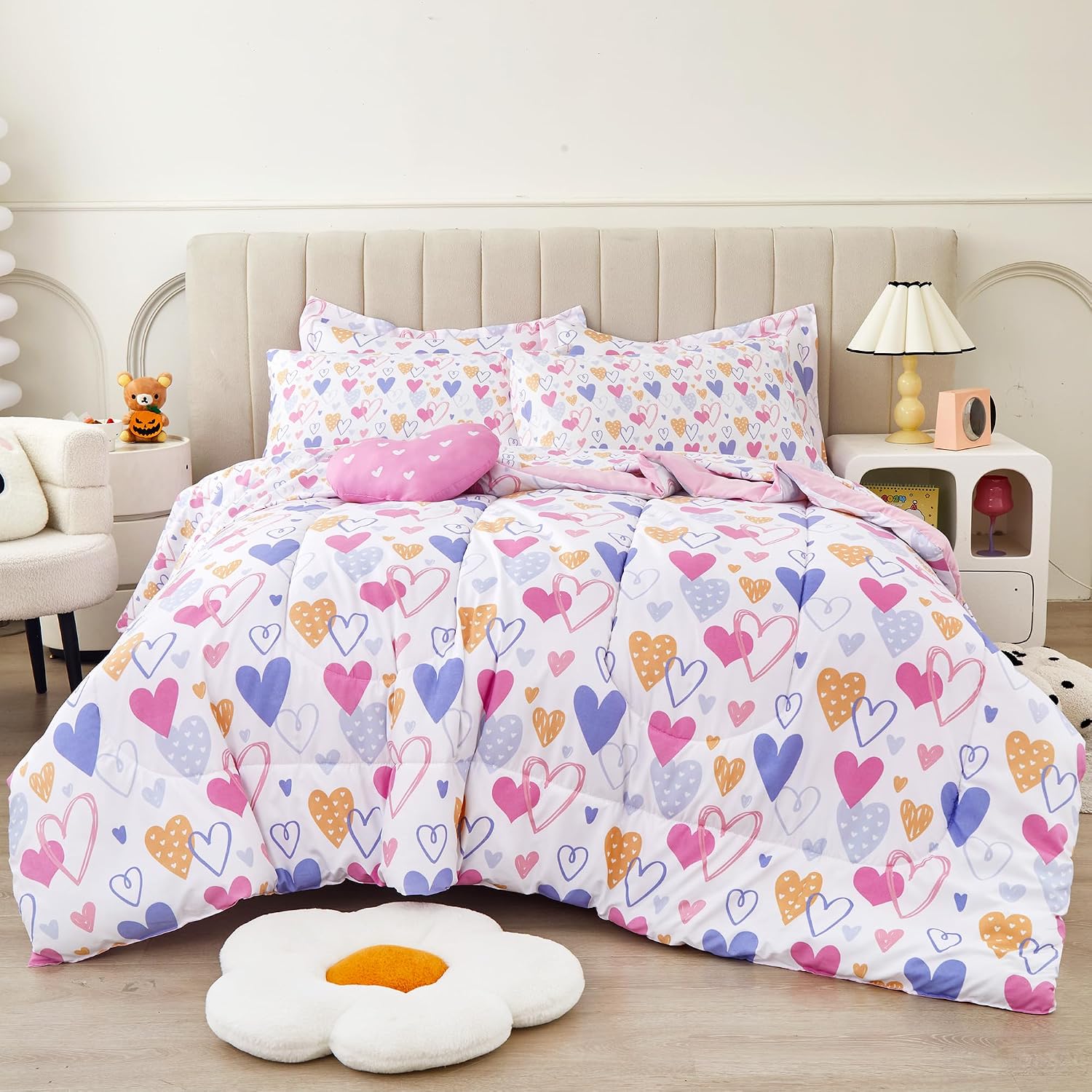 Twin Size Comforter Sets for Girls Kids, 6 Pieces Bed in a Bag Pink Heart Bedding Comforter Sheet Set with Shams and Decorative Toy Pillow, Ultral Soft Microfiber Kids Bed Set