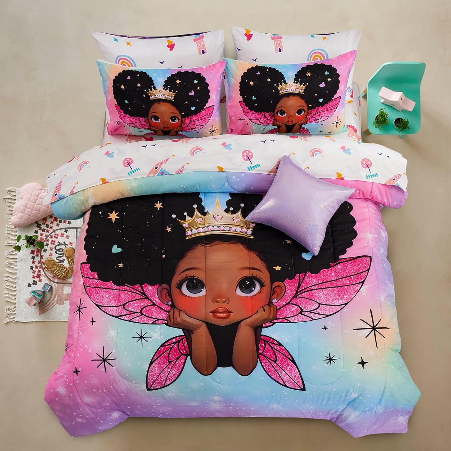 A Nice Night Black Girl Princess with Wings 6Pc Comforter Sets,Twin | Gradient Glitter Galaxy Bedding Set,Bed In A Bag With Sheet Sets,Ultra Soft,Machine Washable,For Kids Room Decor,All Seasons