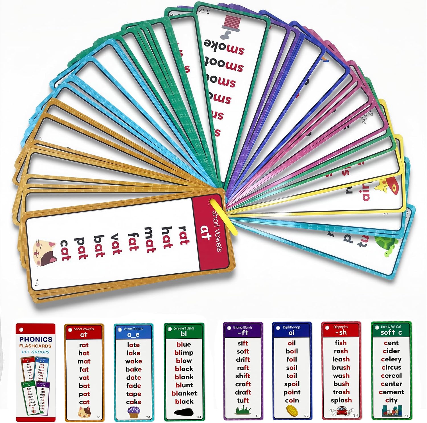 Phonics Flash Cards for Learn to Read & Spell, 900+ Words | 117 Sound Groups, Laminated Color-Coded Cards with Storage Ring for Preschool Home & Classroom Learning