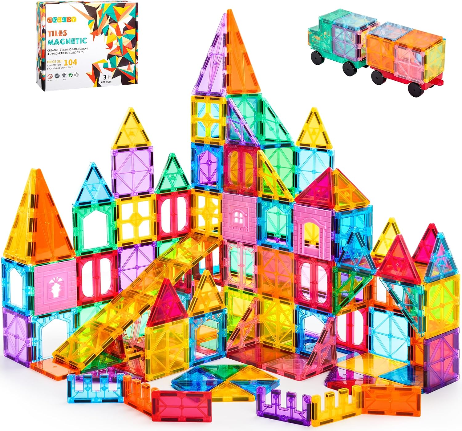 OugerToy 104PCS Magnetic Tiles STEM Building Blocks for Kids Ages 3-9, Educational Stacking Toys with Car Bases, Creative Construction Gift for Boys Girls