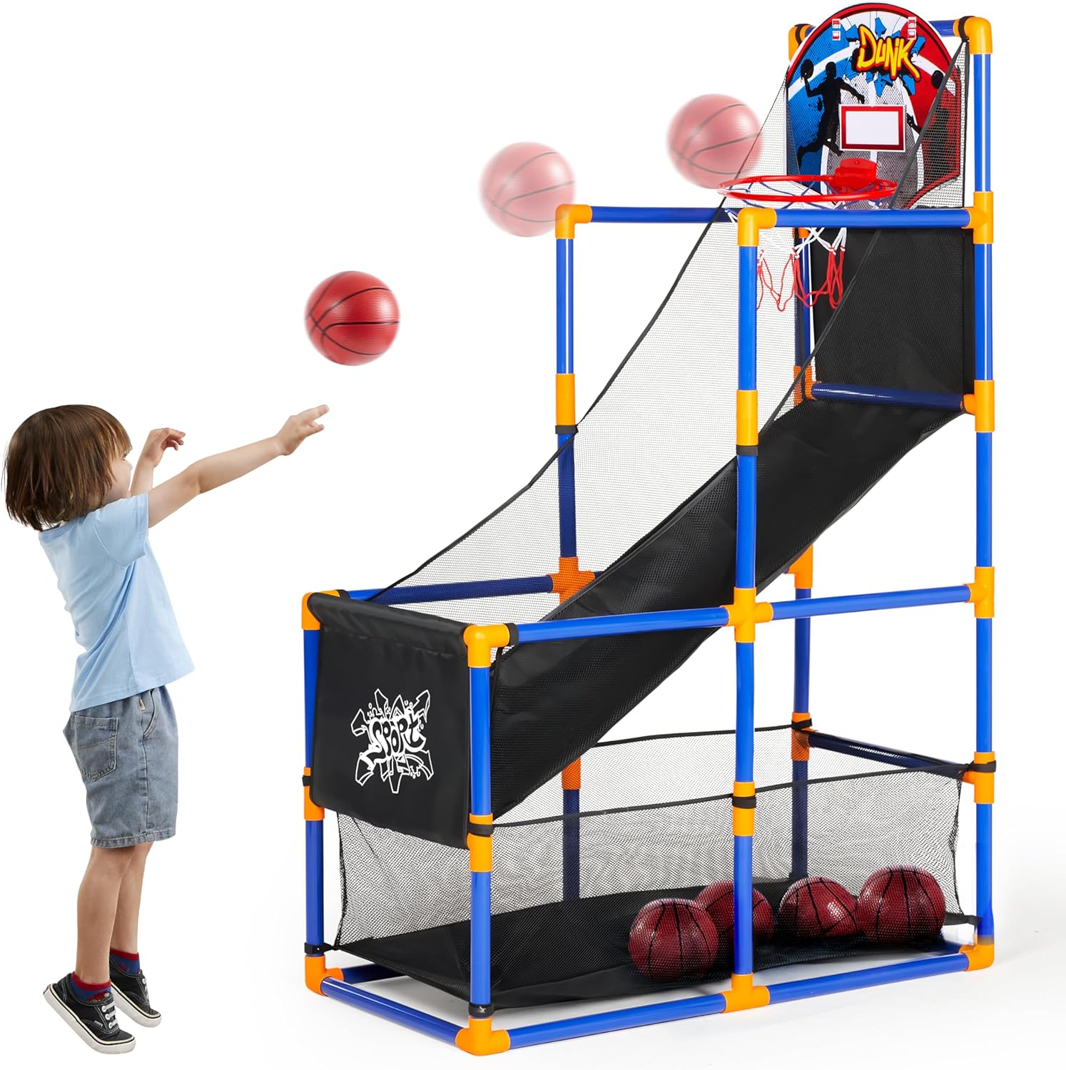 JOYIN Arcade Basketball Game Set with 4 Balls and Hoop for Kids 3+ Years Old Indoor Outdoor Sport Play – Easy Set Up – Air Pump Included – Ideal for Competition