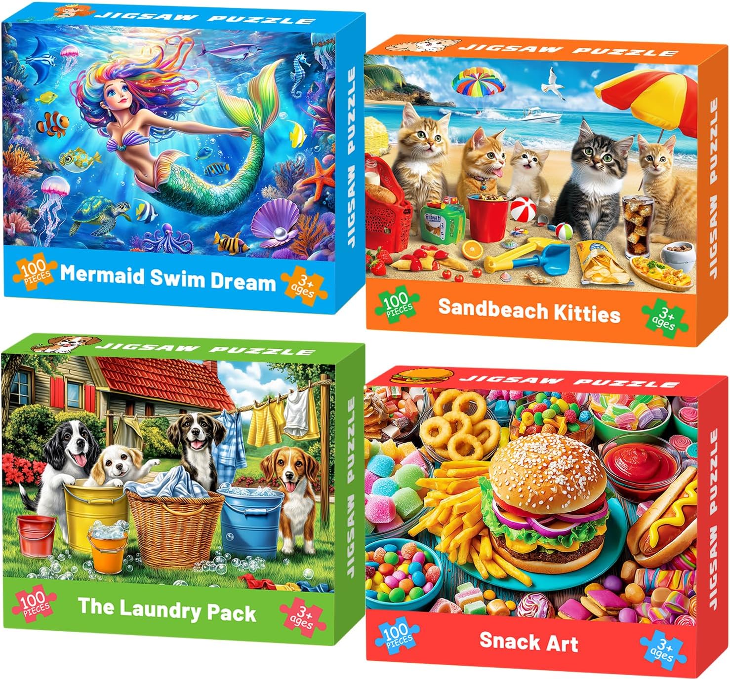 4 Packs 100 Piece Puzzles for Kids Ages 4-6 6-8 8-10, Mermaid Dogs Cats Hamburger Educational Jigsaw Puzzles, Birthday Kids Gifts for Boys Girls Teens Adults Kids Puzzles 4-6 5-8