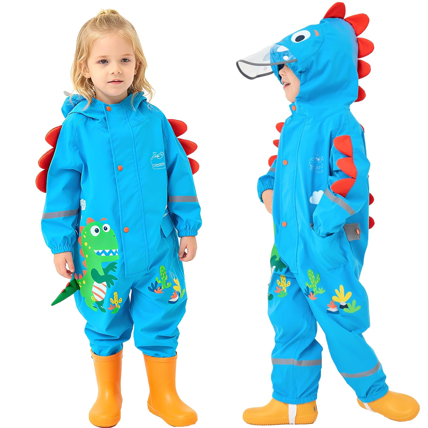 Toddler Boys Rain Suit Lightweight Waterproof Coveralls Cartoon Dragon Hoodie Rain Jacket 4-6 years L Size