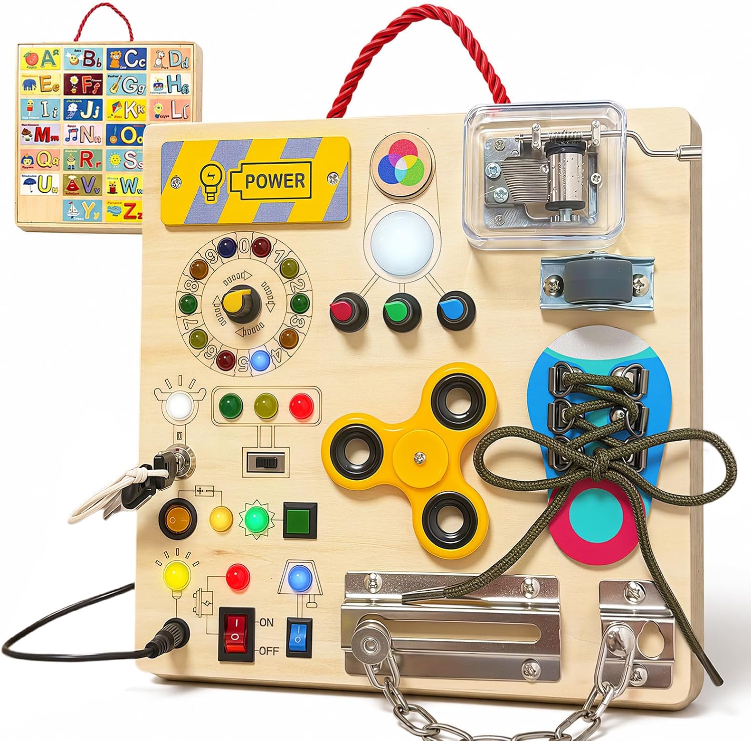 Busy Board with LED Light Switches, Montessori Toys for Toddlers 1-3, Wooden Sensory Activity Board, Travel Learning Toy for Boys & Girls, Educational Fidget Busy Board Gift for 1 2 3 Year Old Kids