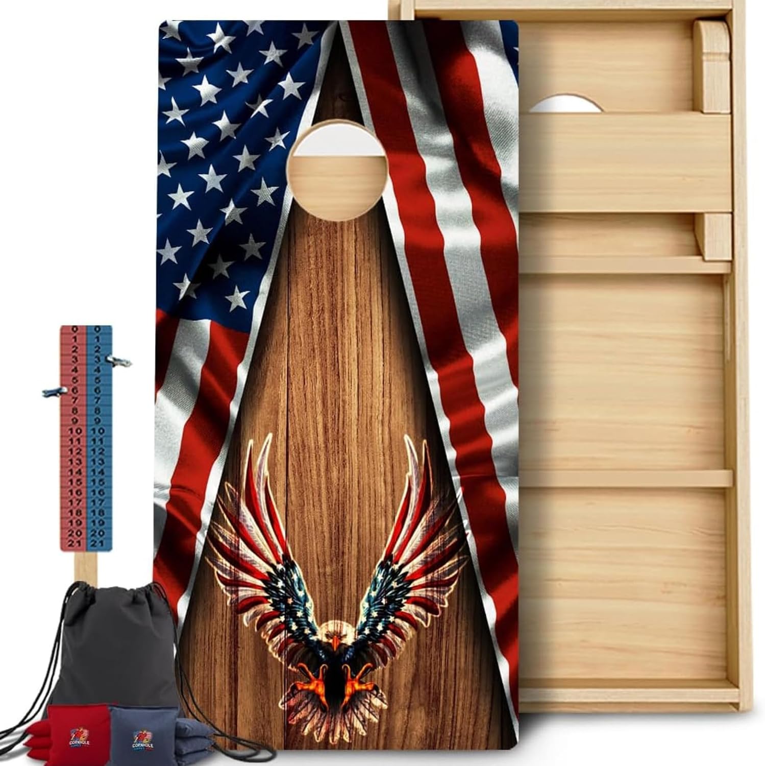 CornholeGamesUSA Pro Cornhole Boards Set | Made in USA | 3/4 Baltic Birch | No Bounce | Triple Thick Legs | Two Brace & Handles, Tournament 2×4 Regulation Set with Score Tower & Cornhole Bags