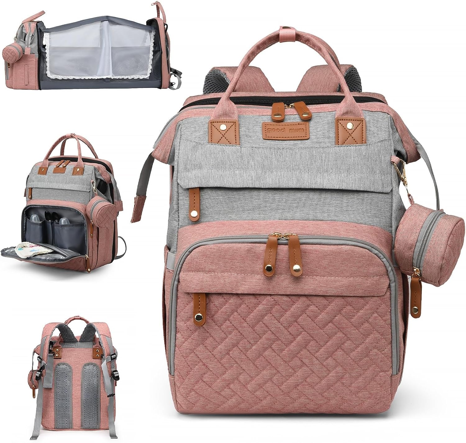 Baby Diaper Bags Backpack with Changing Station (Up-PinkGrey) | Large Capacity Diaper Bag Backpack for Moms Dads with USB Charging Port,Travel Baby Bag with Pacifier Case,Baby Essentials