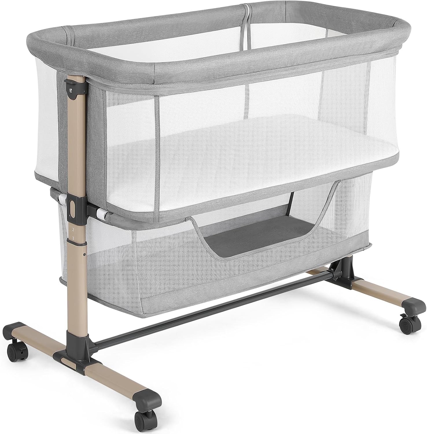 Cowiewie Bassinet Bedside Sleeper, Breathable and Adjustable, Light Grey | 0-5 Months Baby Infant, Co-Sleeping, 6 Heights, Comfy Mattress, Breathable 3D Mesh, Wheeled, Storage Basket, Easy Setup