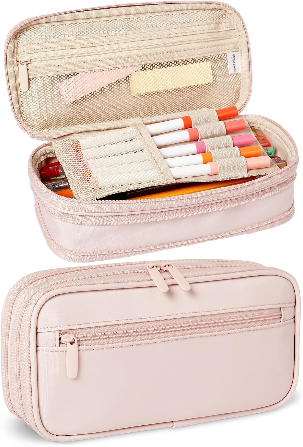 Amazon Basics Large Capacity Pencil Case with Durable Zipper, Multi-Compartment Pouch for School Supplies, Storage Space, Easy to Carry, Rose Mild