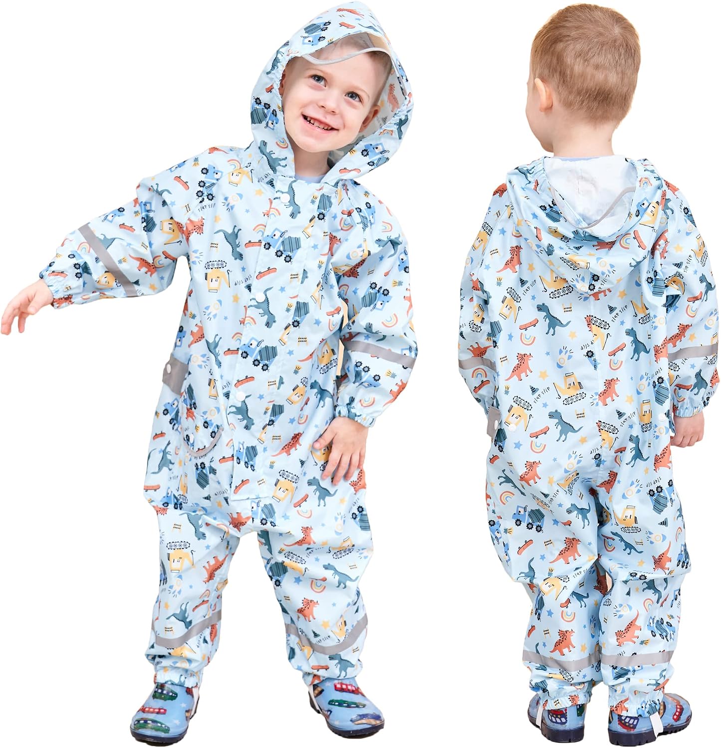 Fewlby Kids Toddler Rain Suit for Boys Girls One Piece Hoodie Zipper Cartoon Waterproof Coverall Rain Jacket 1-10 Years