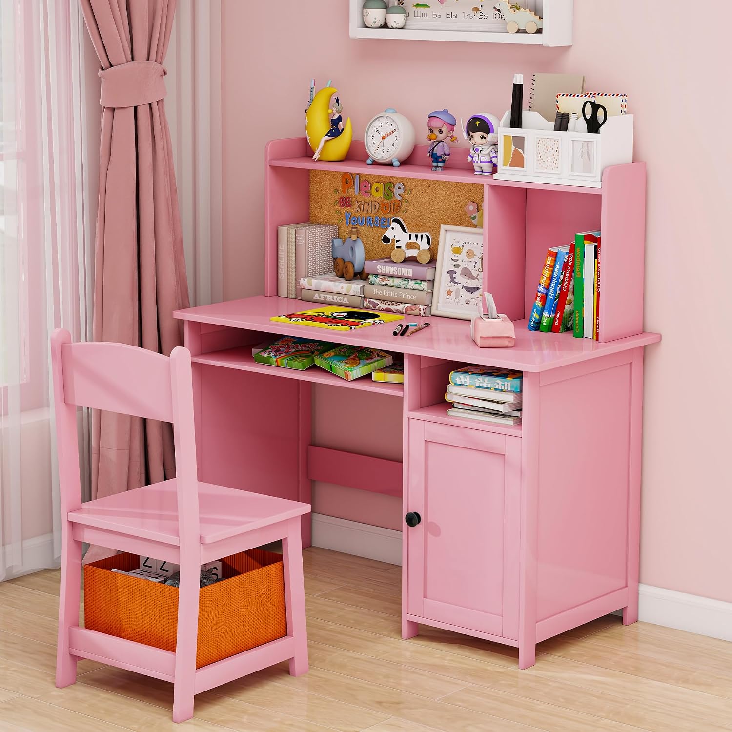 Kids Desk and Chair Set with Cork Board & Storage Drawer, Pink | Wooden children’s study table and chair set for 3-8 years old, includes cork board, small writing desk for girls bedroom