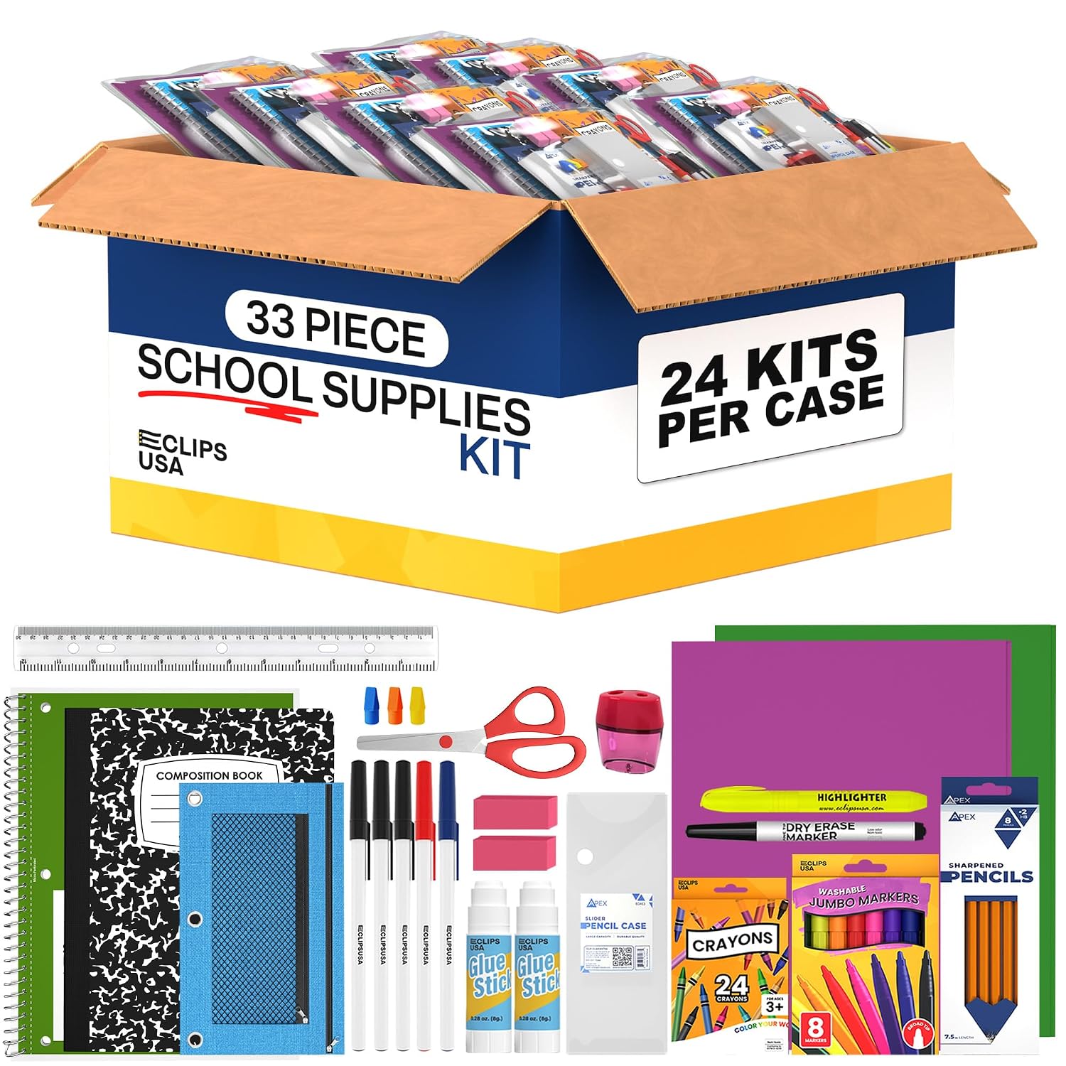 60 Piece Back to School Supplies Kit for Kids (24 Kits) School Supplies Set School Supply Kit K-5
