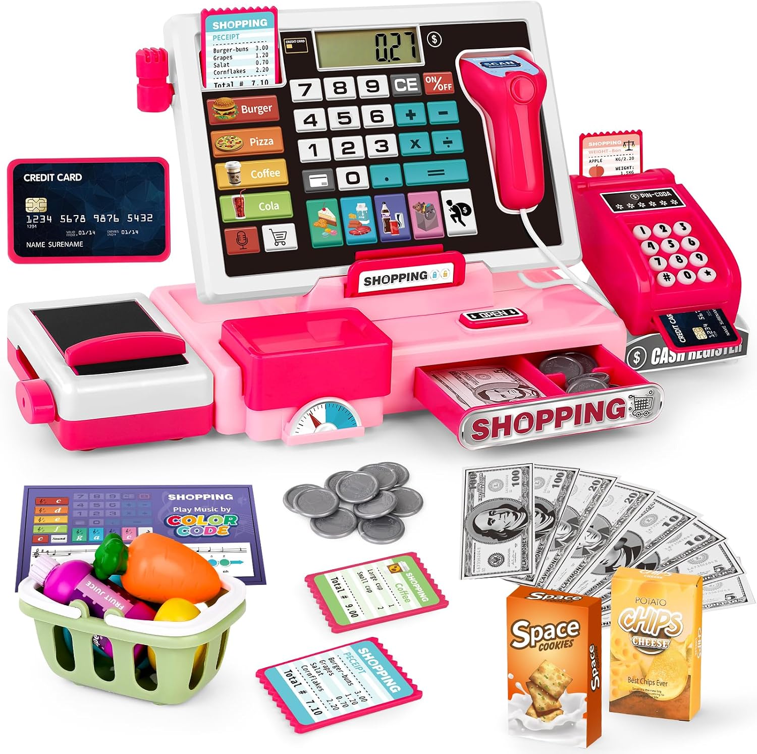 Kids Cash Register Toy Playset, Real Calculator Cash Register | Prentend Play Store with Scanner/Credit Card/Play Money/Food, Kids Learning Toys for Boys Girls(Pink)