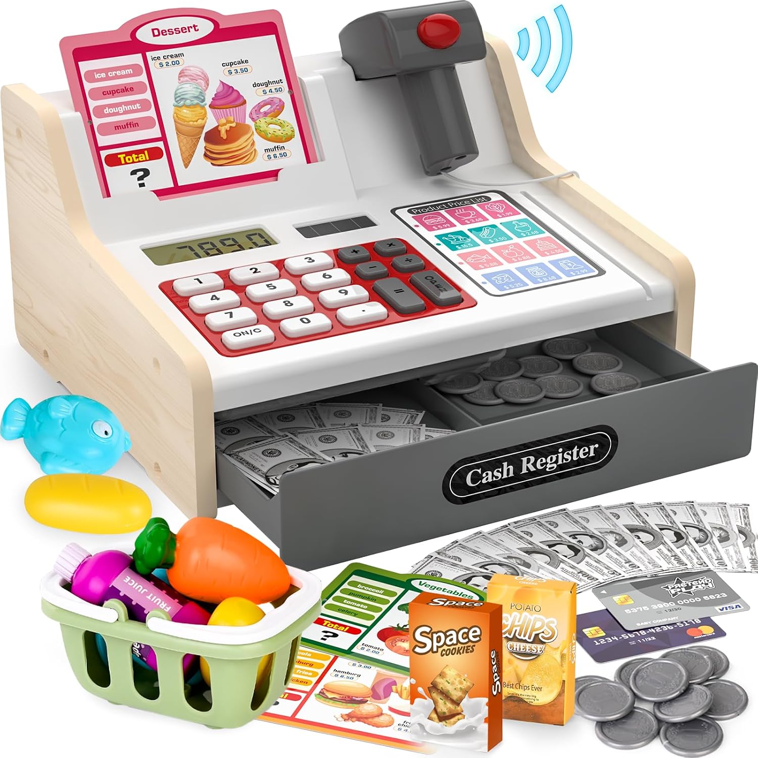 maysida Kids Cash Register with Scanner, Counting Cash Register Toys | Pretend Play Wooden Cash Register Toy for Kids with Fake Money, Food, Credit Card, Kids Boys Girls Age 3+ 4-8