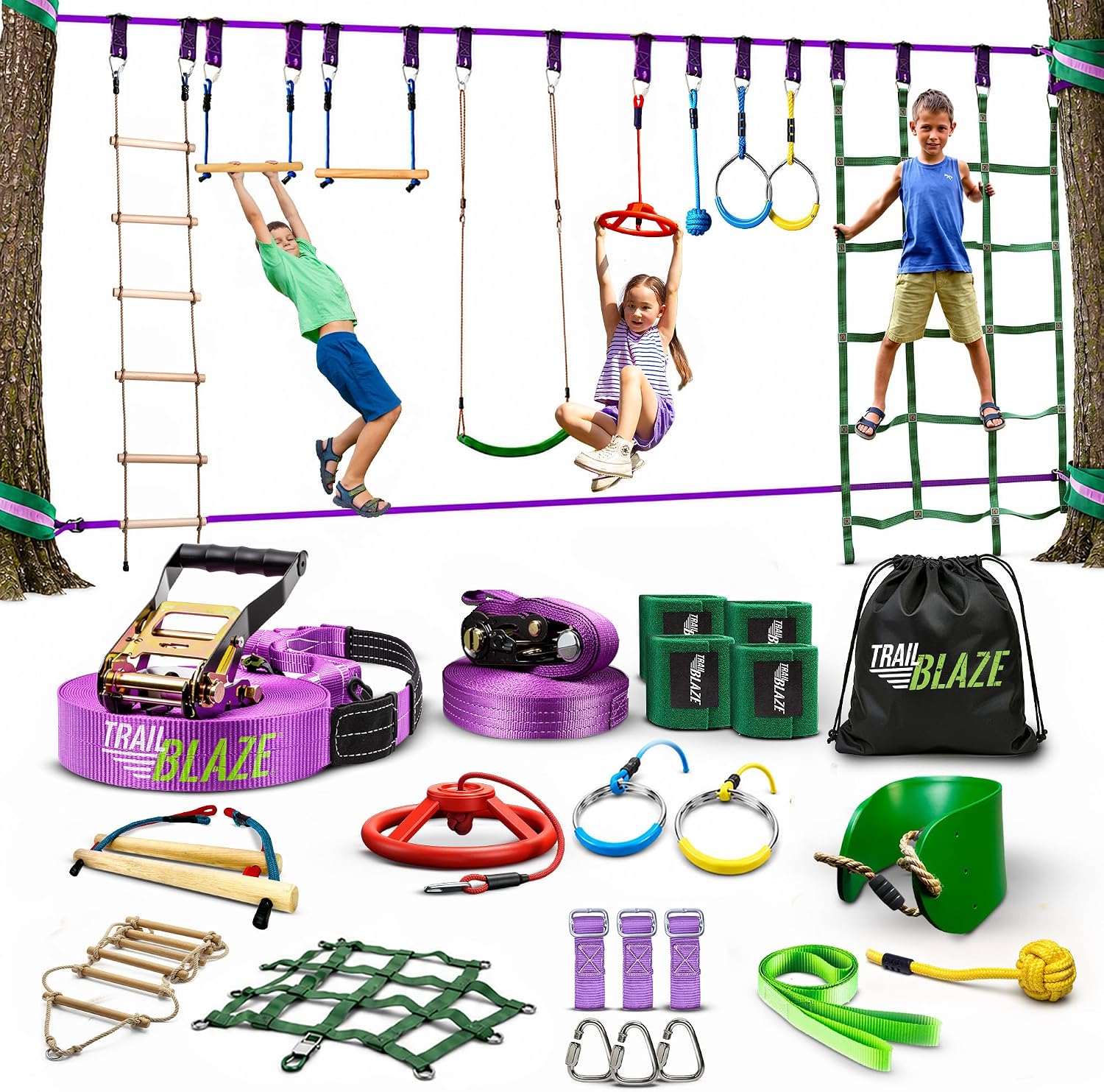 Ninja Warrior Obstacle Course for Kids – Ultimate Outdoor Fun 2×55 Ft Ninja Slackline Climbing Net Rope Ladder Trapeze Swing Monkey Bars – Durable and Safe Ninja Course for Kids Outside | 450lb Capacity Ultimate Outdoor Fun and Durable Ninja Course for Kids Outside with Ninja Wheel, Seat Swing and much more