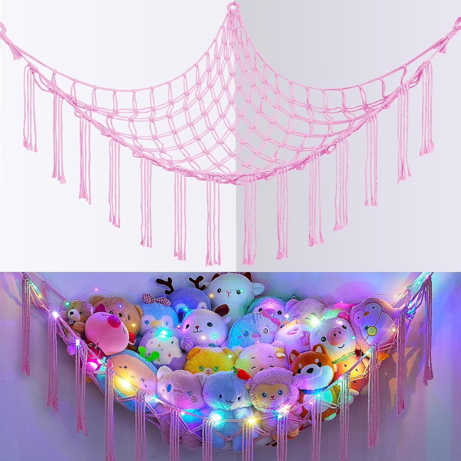 Basumee Stuffed Animals Hammock with LED Light Corner Net, Large Girls Room | Stuffed Animals Storage, Hand-Woven, Tassels, Holds Plush for Nursery, Playroom, Kids Bedroom Decor Toy Hammock Net Corner