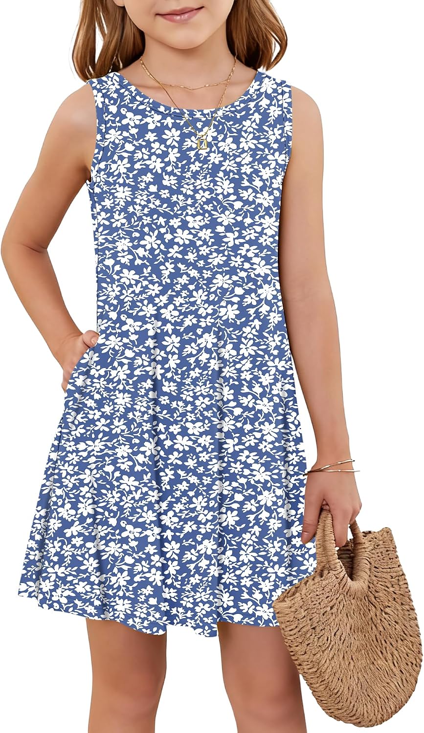 Girls Sleeveless Summer Dress Kid Crewneck Floral Beach Sundress 5-16 Years | Mini floral a line beach sundress, two side pockets, Girls Sleeveless summer casual cute dress for school and daily