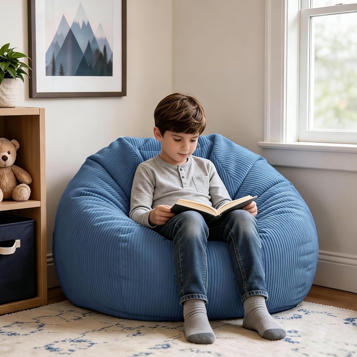 Bean Bag Chairs Memory Kids Chair Foam Filled Reading Gaming Sofa Bedroom | Detachable corduroy bean bag, memory foam filling, 3ft size, round edge, portable handle for kids bedroom playroom