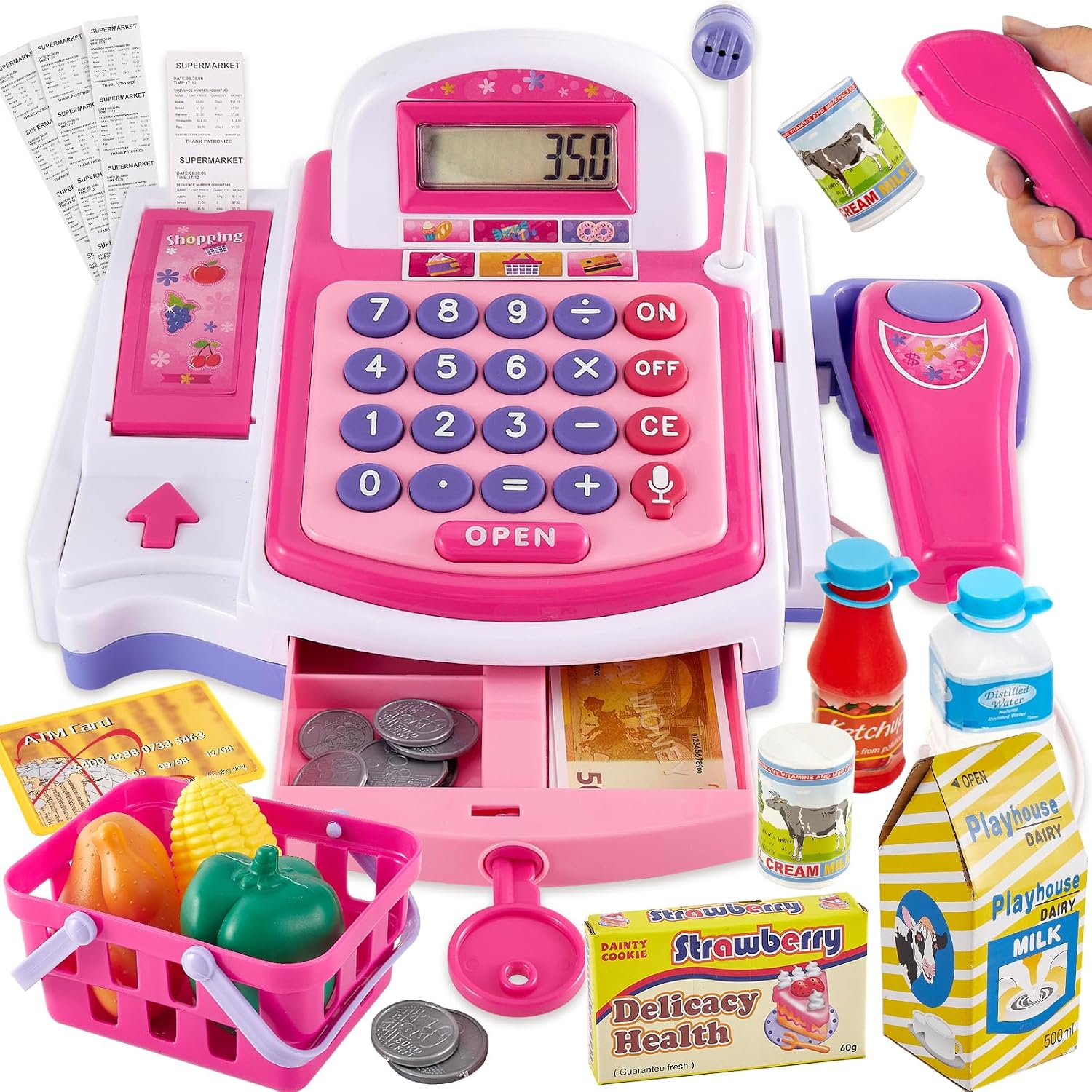 Toy Register for Kids with Scanner, Cash Register Toys for Kids 3-5 | Kids Cash Register with Scanner, Receipt Printer, Microphone, Shopping Play Food for Kids Boys Girls Ages 3+ Years Olds
